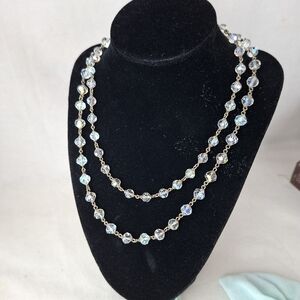 Vintage Long Crystal Bead Eternity Necklace Aurora Borialis Iridescent+ Sterling